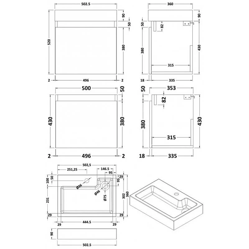 Nuie Merit Wall Hung 1-Door Vanity Unit With L-Shaped Basin 500mm Wide - Anthracite Woodgrain 3 Nuie Merit Wall Hung 1-Door Vanity Unit With L-Shaped Basin 500mm Wide - Anthracite Woodgrain