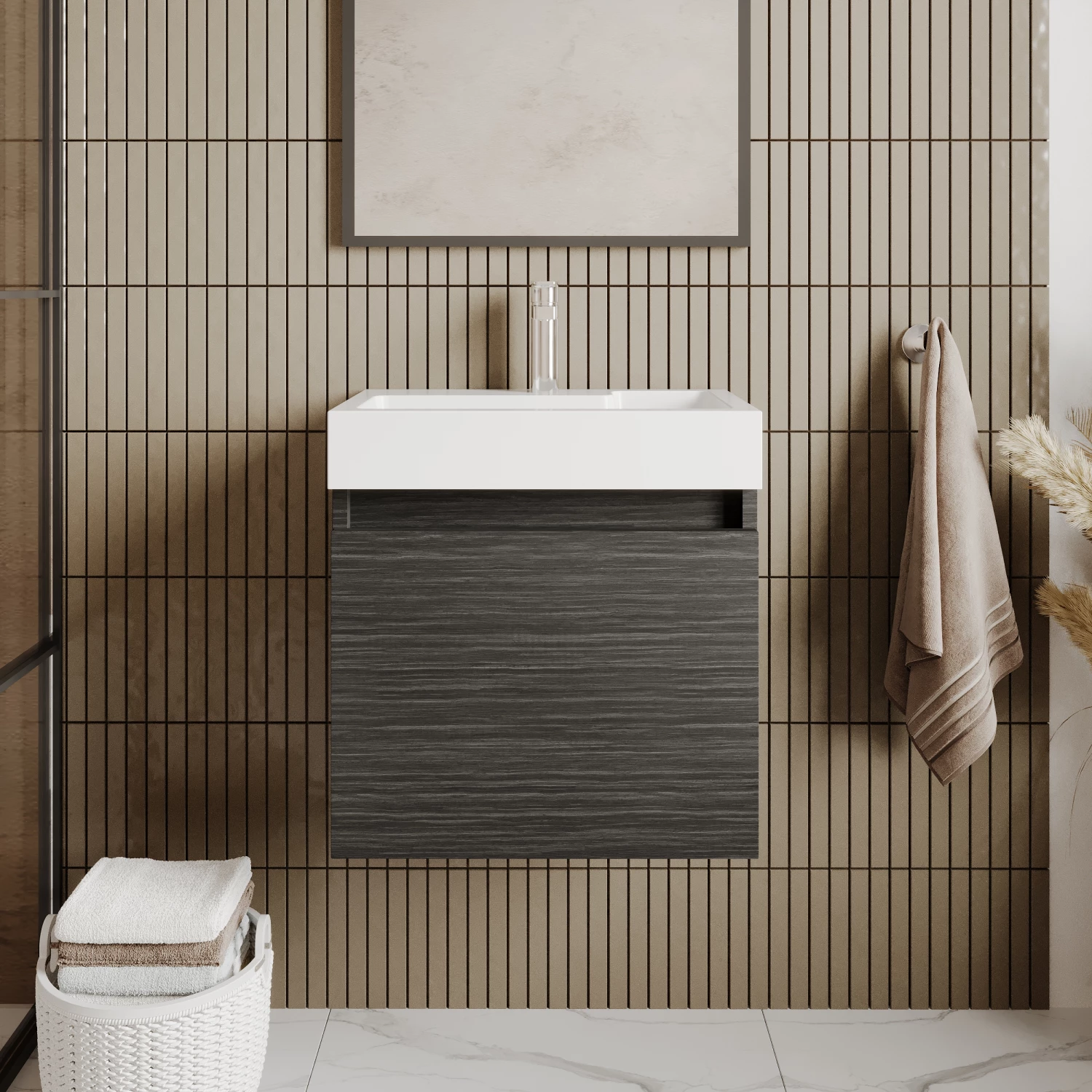 Nuie Merit Wall Hung 1-Door Vanity Unit With L-Shaped Basin 500mm Wide - Charcoal Black Woodgrain 11 Nuie Merit Wall Hung 1-Door Vanity Unit With L-Shaped Basin 500mm Wide - Charcoal Black Woodgrain - Image 9