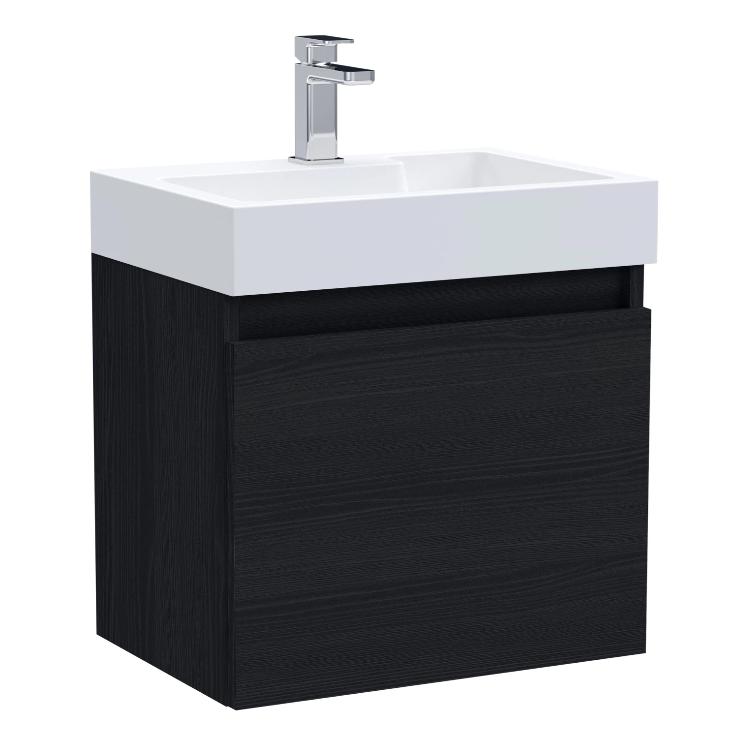 Nuie Merit Wall Hung 1-Door Vanity Unit With L-Shaped Basin 500mm Wide - Charcoal Black Woodgrain 5 Nuie Merit Wall Hung 1-Door Vanity Unit With L-Shaped Basin 500mm Wide - Charcoal Black Woodgrain - Image 3