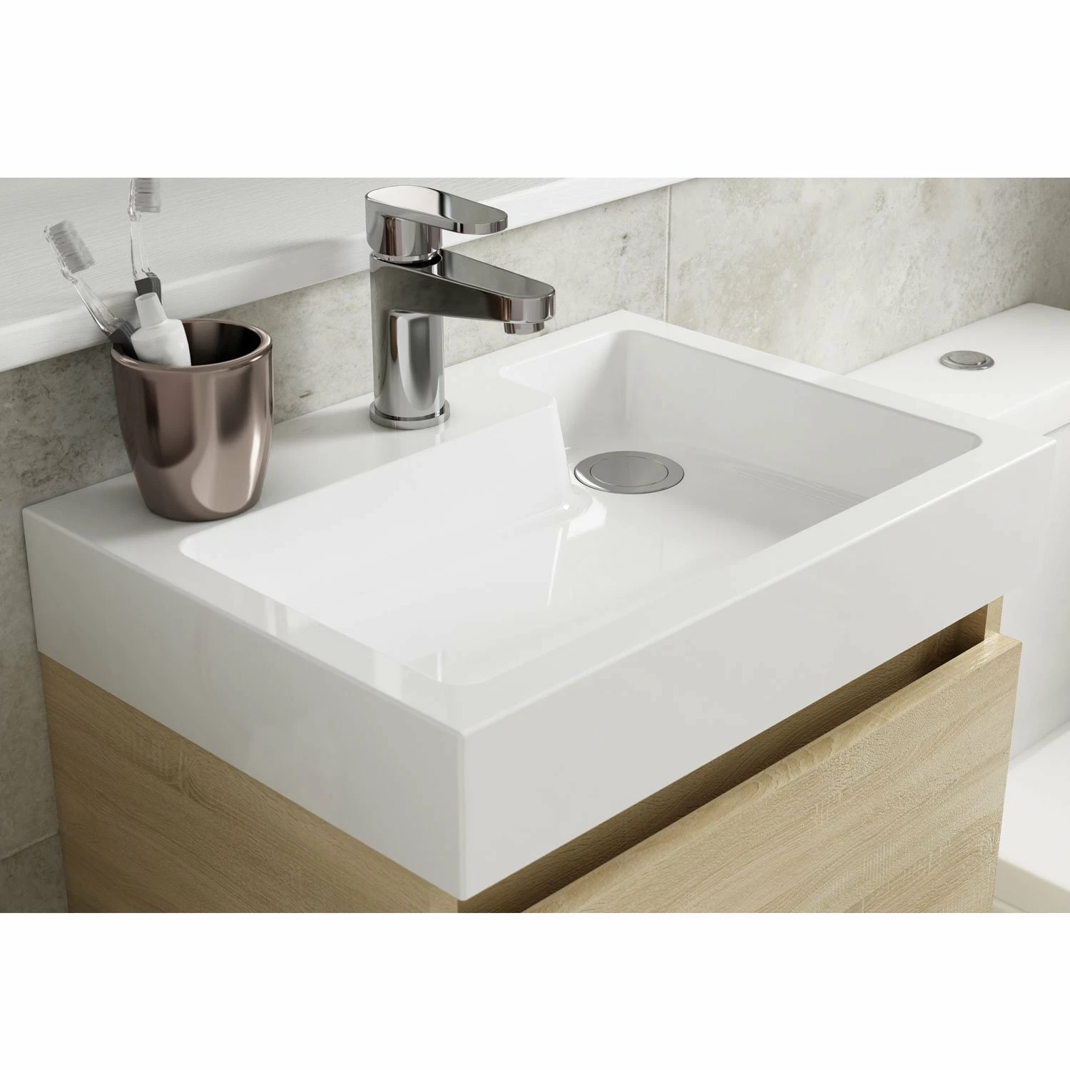 Nuie Merit Wall Hung 1-Door Vanity Unit With L-Shaped Basin 500mm Wide - Natural Oak 3 Nuie Merit Wall Hung 1-Door Vanity Unit With L-Shaped Basin 500mm Wide - Natural Oak