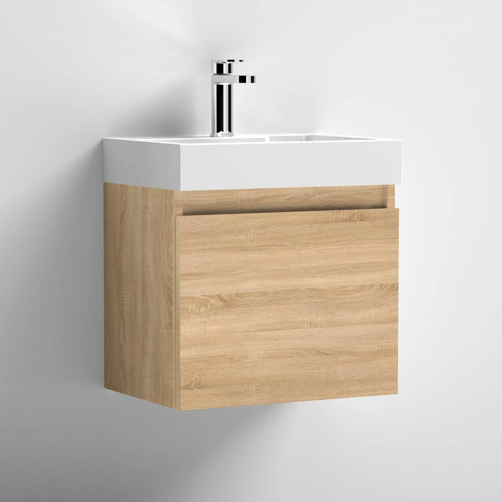 Nuie Merit Wall Hung 1-Door Vanity Unit With L-Shaped Basin 500mm Wide - Natural Oak 4 Nuie Merit Wall Hung 1-Door Vanity Unit With L-Shaped Basin 500mm Wide - Natural Oak - Image 2
