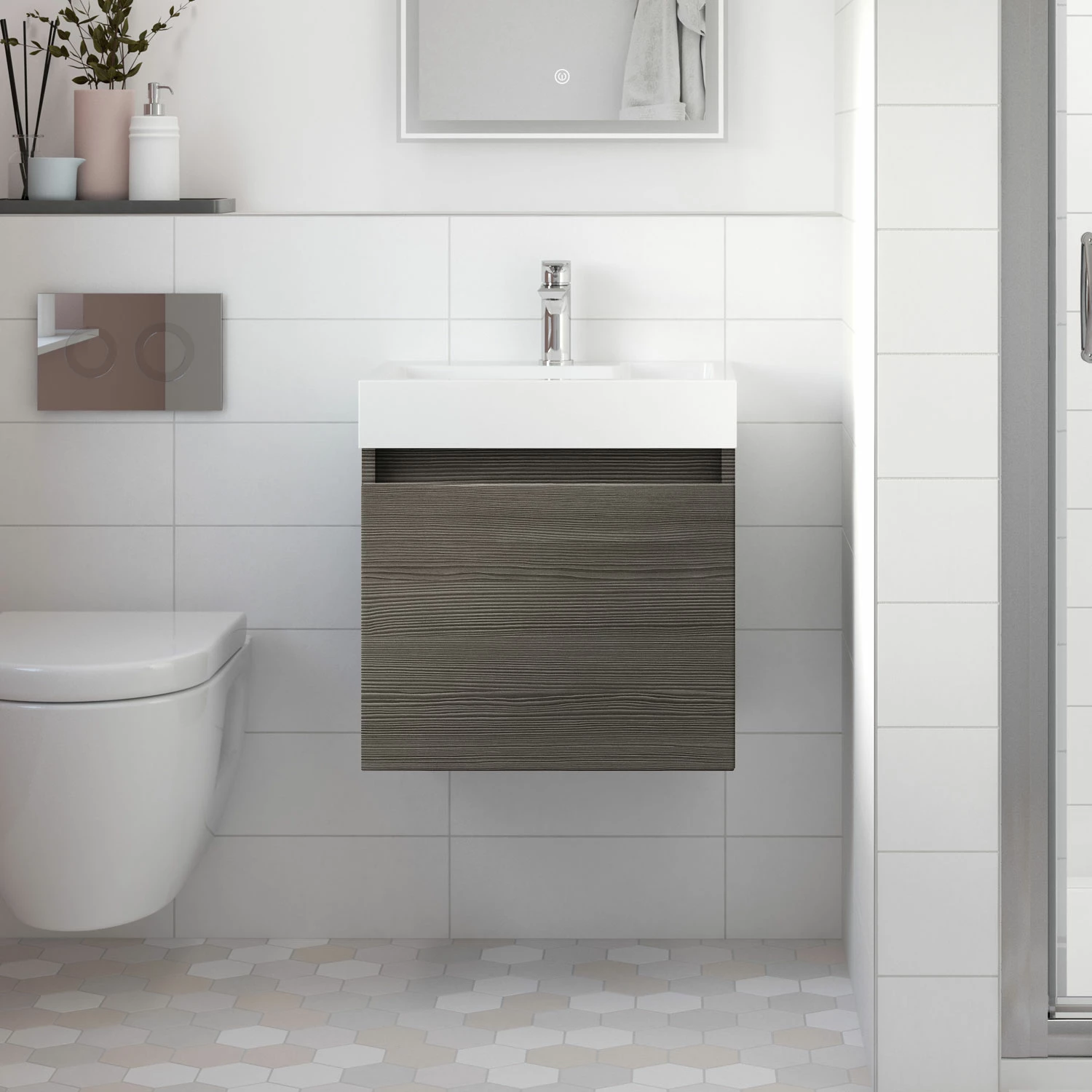 Nuie Merit Wall Hung 1-Door Vanity Unit With Slimline Basin 500mm Wide - Anthracite Woodgrain 3 Nuie Merit Wall Hung 1-Door Vanity Unit With Slimline Basin 500mm Wide - Anthracite Woodgrain