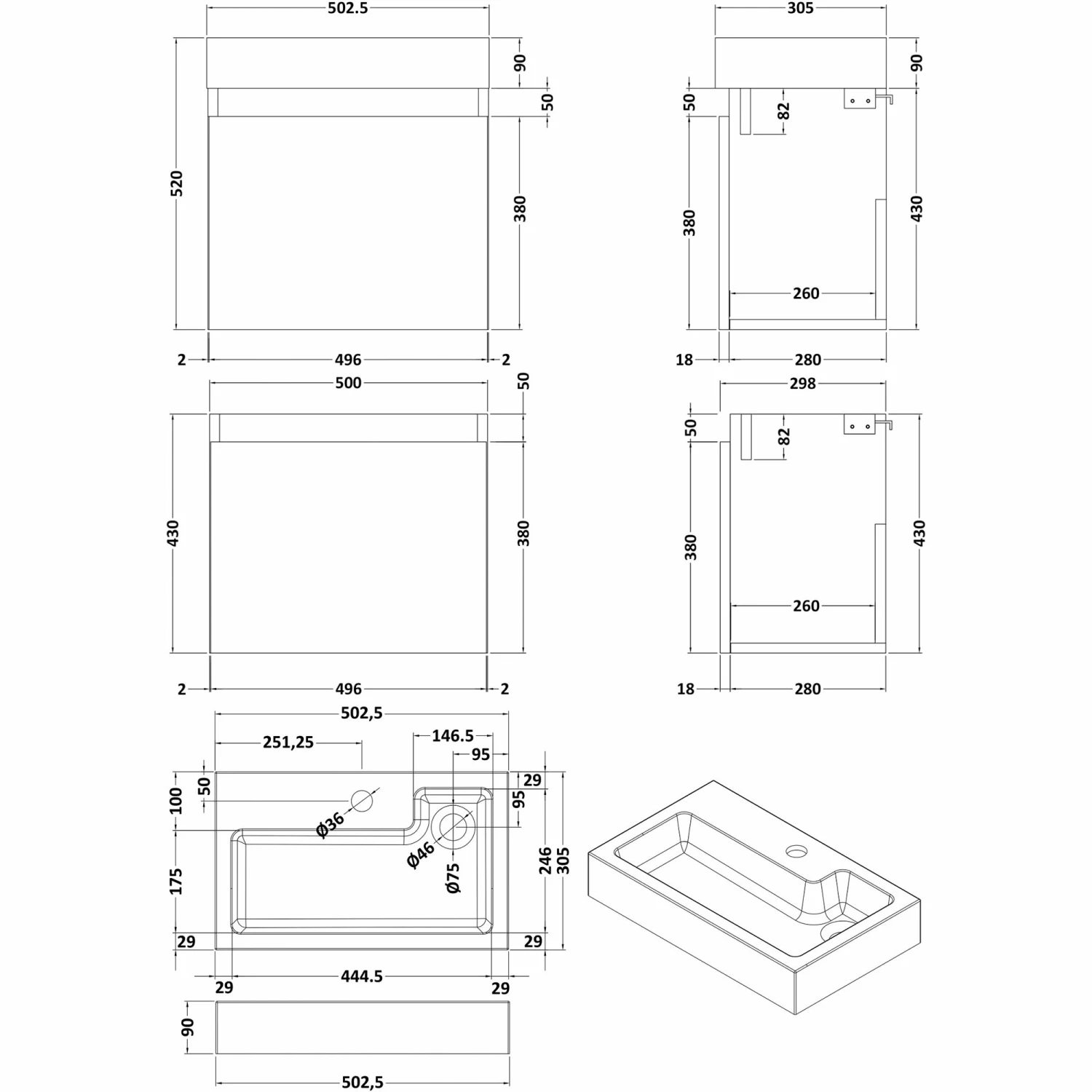 Nuie Merit Wall Hung 1-Door Vanity Unit With Slimline Basin 500mm Wide - Blush Pink 6 Nuie Merit Wall Hung 1-Door Vanity Unit With Slimline Basin 500mm Wide - Blush Pink - Image 4