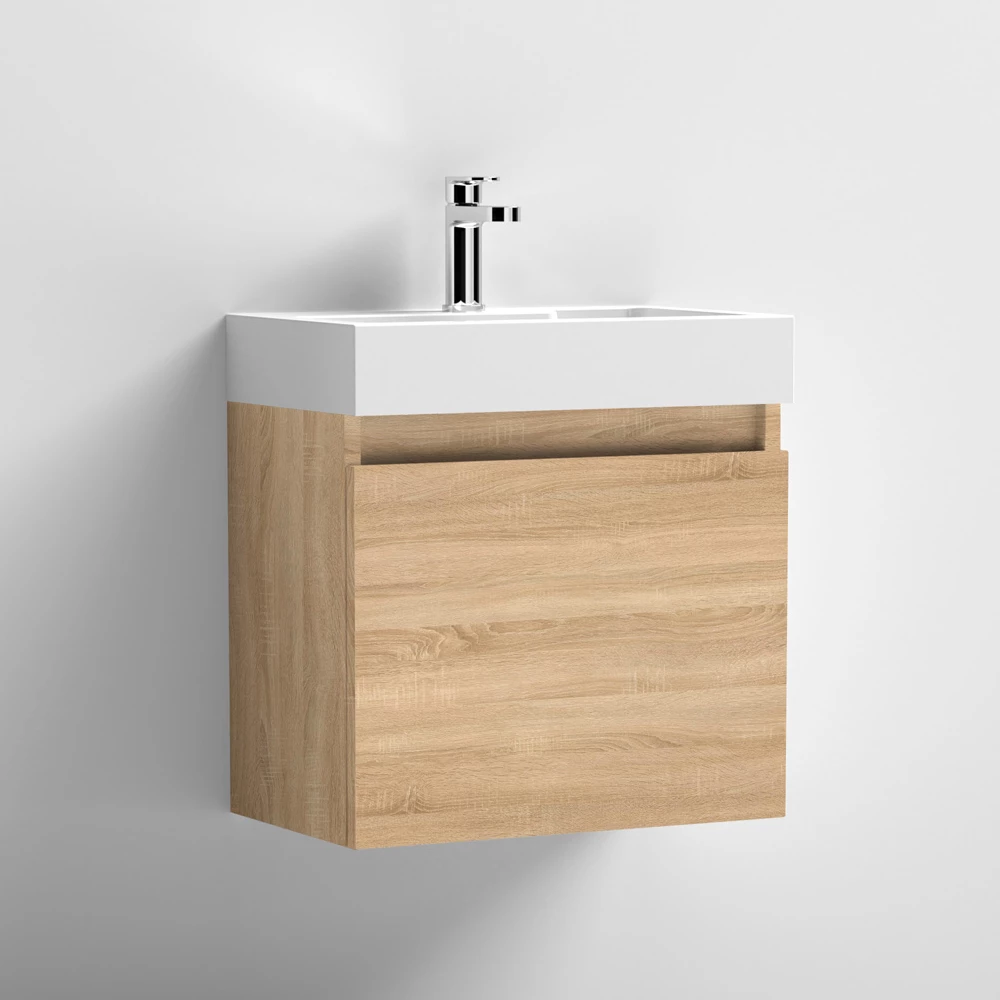 Nuie Merit Wall Hung 1-Door Vanity Unit With Slimline Basin 500mm Wide - Natural Oak 4 Nuie Merit Wall Hung 1-Door Vanity Unit With Slimline Basin 500mm Wide - Natural Oak - Image 3