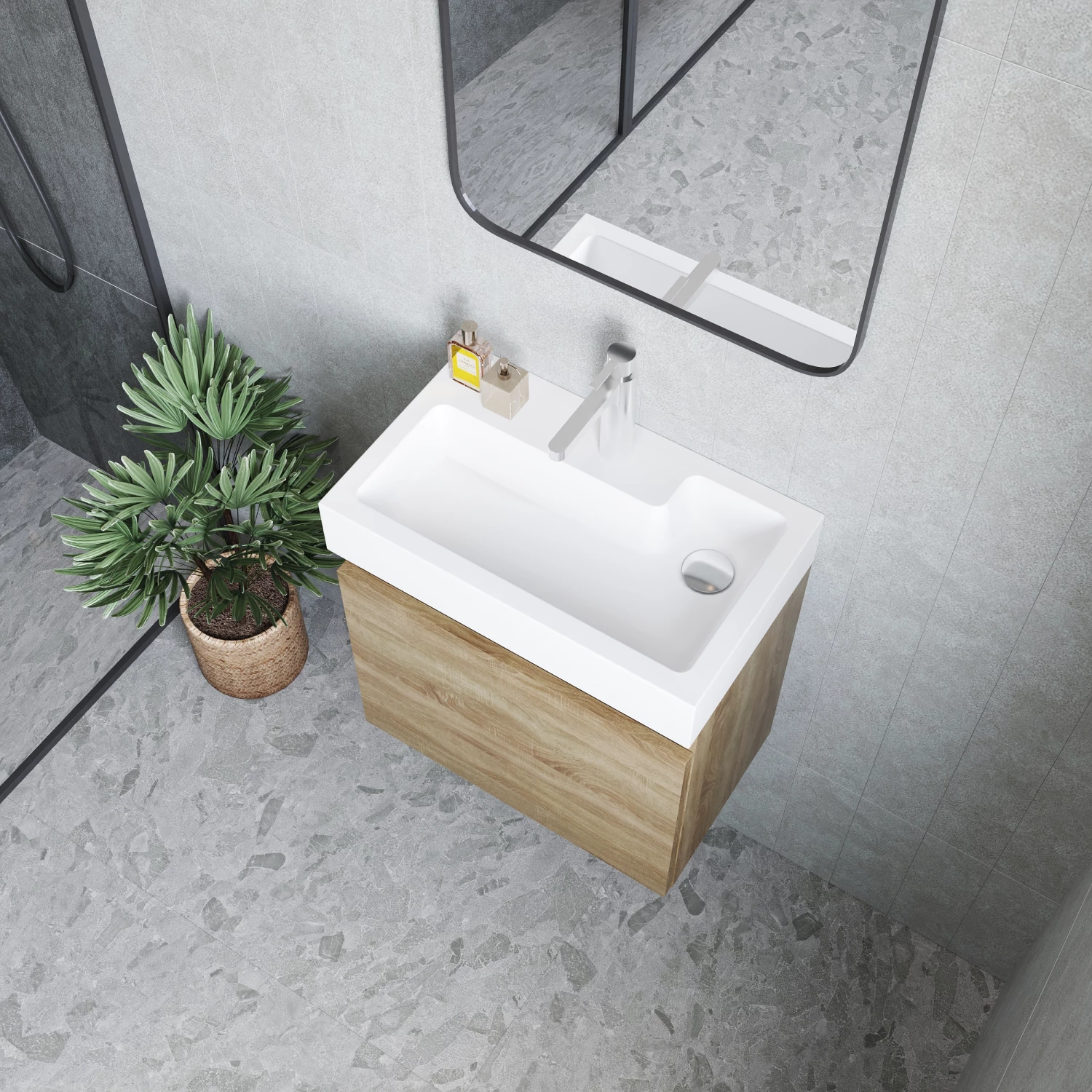 Nuie Merit Wall Hung 1-Door Vanity Unit With Slimline Basin 500mm Wide - Anthracite Woodgrain 8 Nuie Merit Wall Hung 1-Door Vanity Unit With Slimline Basin 500mm Wide - Anthracite Woodgrain - Image 6