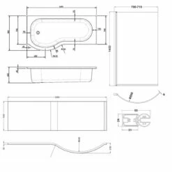 Nuie P-Shaped Shower Bath With Front Panel And Screen 1700mm X 700mm/850mm - Left Handed