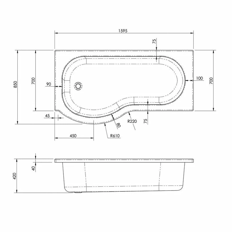 Nuie P-Shaped Shower Bath 1600mm X 700mm/850mm - Right Handed 4 Nuie P-Shaped Shower Bath 1600mm X 700mm/850mm - Right Handed - Image 2
