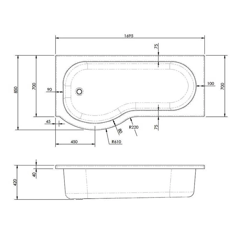 Nuie P-Shaped Shower Bath 1700mm X 700mm/850mm - Left Handed 3 Nuie P-Shaped Shower Bath 1700mm X 700mm/850mm - Left Handed