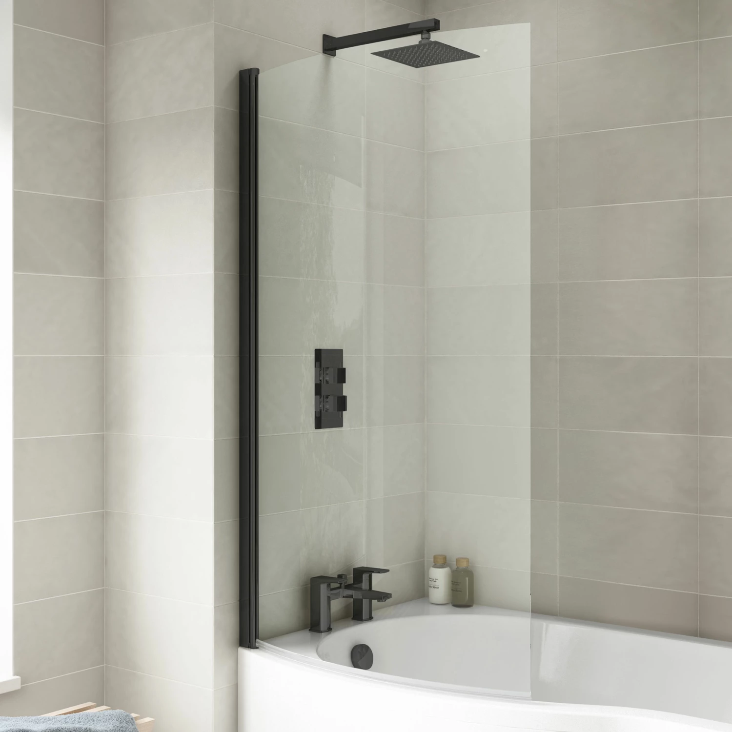 Nuie Pacific Matt Black Profile P-Shaped Bath Screen 1433mm H X 715mm W - 6mm Glass 5 Nuie Pacific Matt Black Profile P-Shaped Bath Screen 1433mm H X 715mm W - 6mm Glass - Image 3