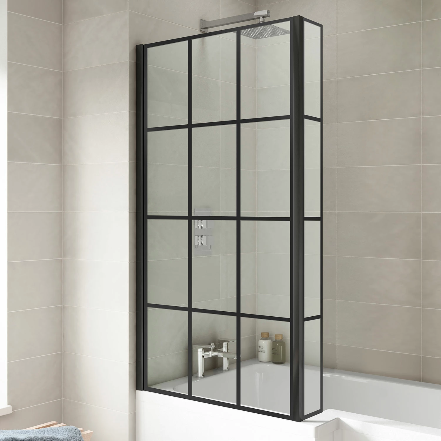 Nuie Pacific Square Matt Black Framed Bath Screen With Fixed Return Panel 1430mm H X 795mm W - 6mm Glass 5 Nuie Pacific Square Matt Black Framed Bath Screen With Fixed Return Panel 1430mm H X 795mm W - 6mm Glass - Image 3