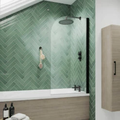 Nuie Pacific Matt Black Profile Round Top Hinged Bath Screen 1430mm H X 790mm W - 6mm Glass -HEATANDPLUMB Sales nuie pacific round top bath screen nss7bp 2