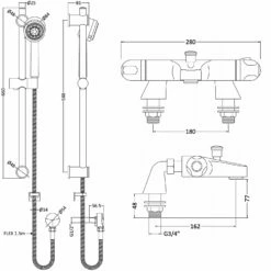 Nuie Reef Thermostatic Bath Shower Mixer With Multi Function Slider Rail Kit - Chrome