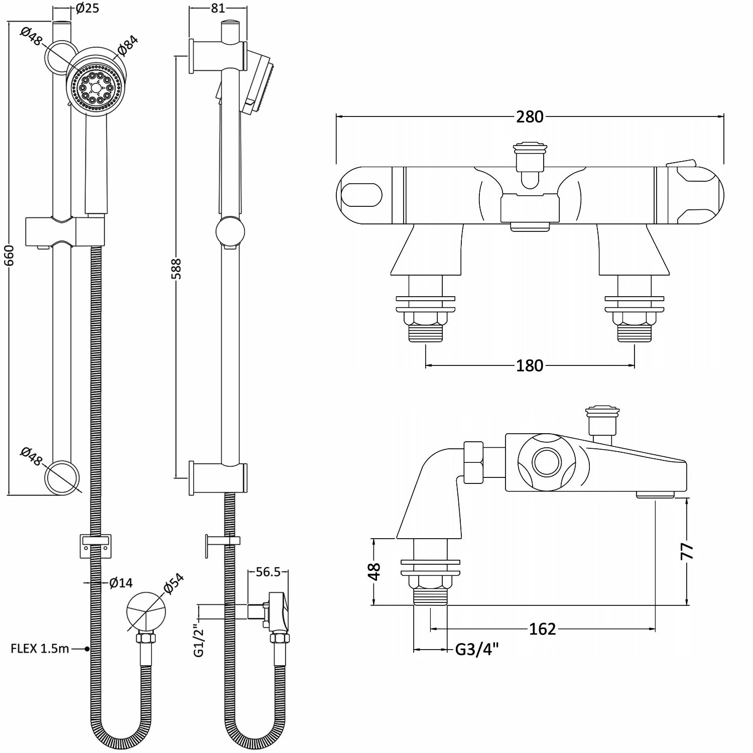 Nuie Reef Thermostatic Bath Shower Mixer With Multi Function Slider Rail Kit - Chrome 3 Nuie Reef Thermostatic Bath Shower Mixer With Multi Function Slider Rail Kit - Chrome