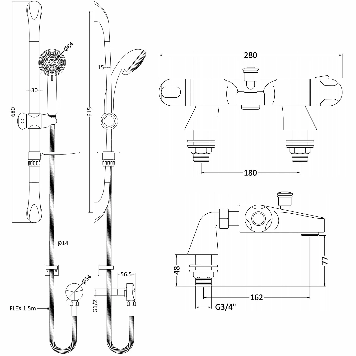 Nuie Reef Thermostatic Bath Shower Mixer With Luxury Curved Slider Rail Kit - Chrome 4 Nuie Reef Thermostatic Bath Shower Mixer With Luxury Curved Slider Rail Kit - Chrome - Image 2