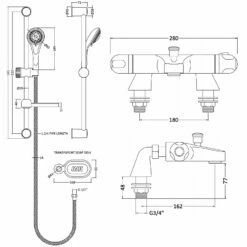 Nuie Reef Thermostatic Bath Shower Mixer With Classic Multi Function Slider Rail Kit - Chrome