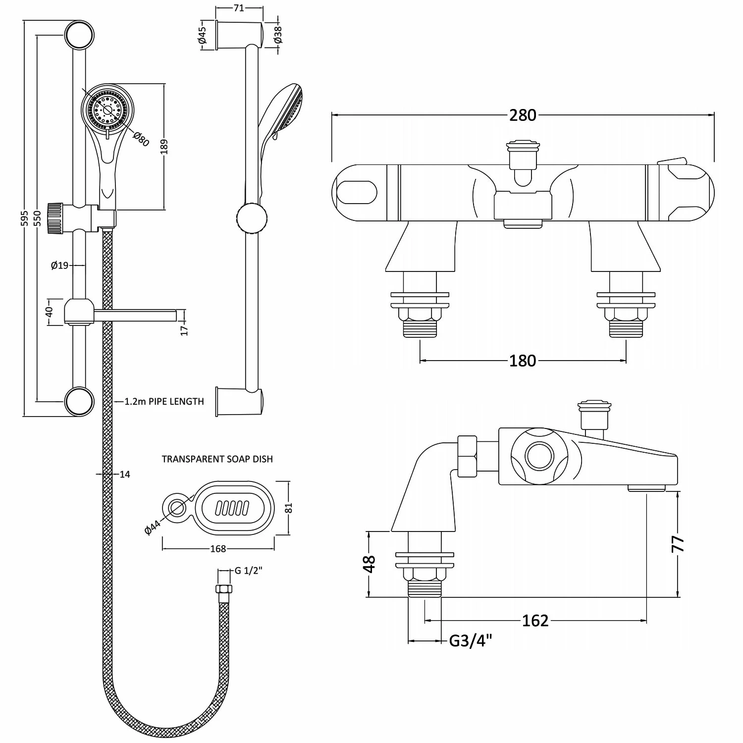 Nuie Reef Thermostatic Bath Shower Mixer With Classic Multi Function Slider Rail Kit - Chrome 3 Nuie Reef Thermostatic Bath Shower Mixer With Classic Multi Function Slider Rail Kit - Chrome