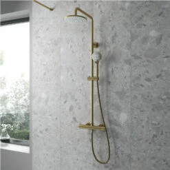 Nuie Arvan Round Thermostatic Bar Mixer Shower With Shower Kit And Fixed Head - Brushed Brass