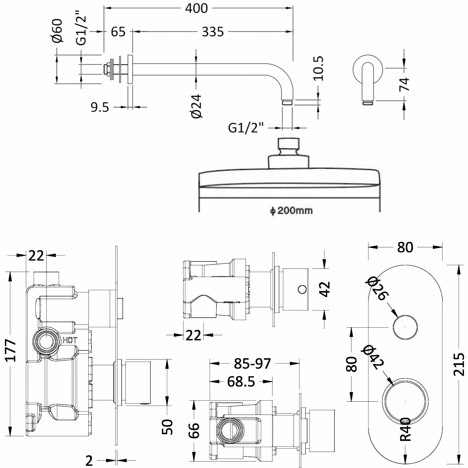 Nuie Round Thermostatic Concealed Push Button Shower Valve With Fixed Head And Arm - Chrome 4 Nuie Round Thermostatic Concealed Push Button Shower Valve With Fixed Head And Arm - Chrome - Image 2