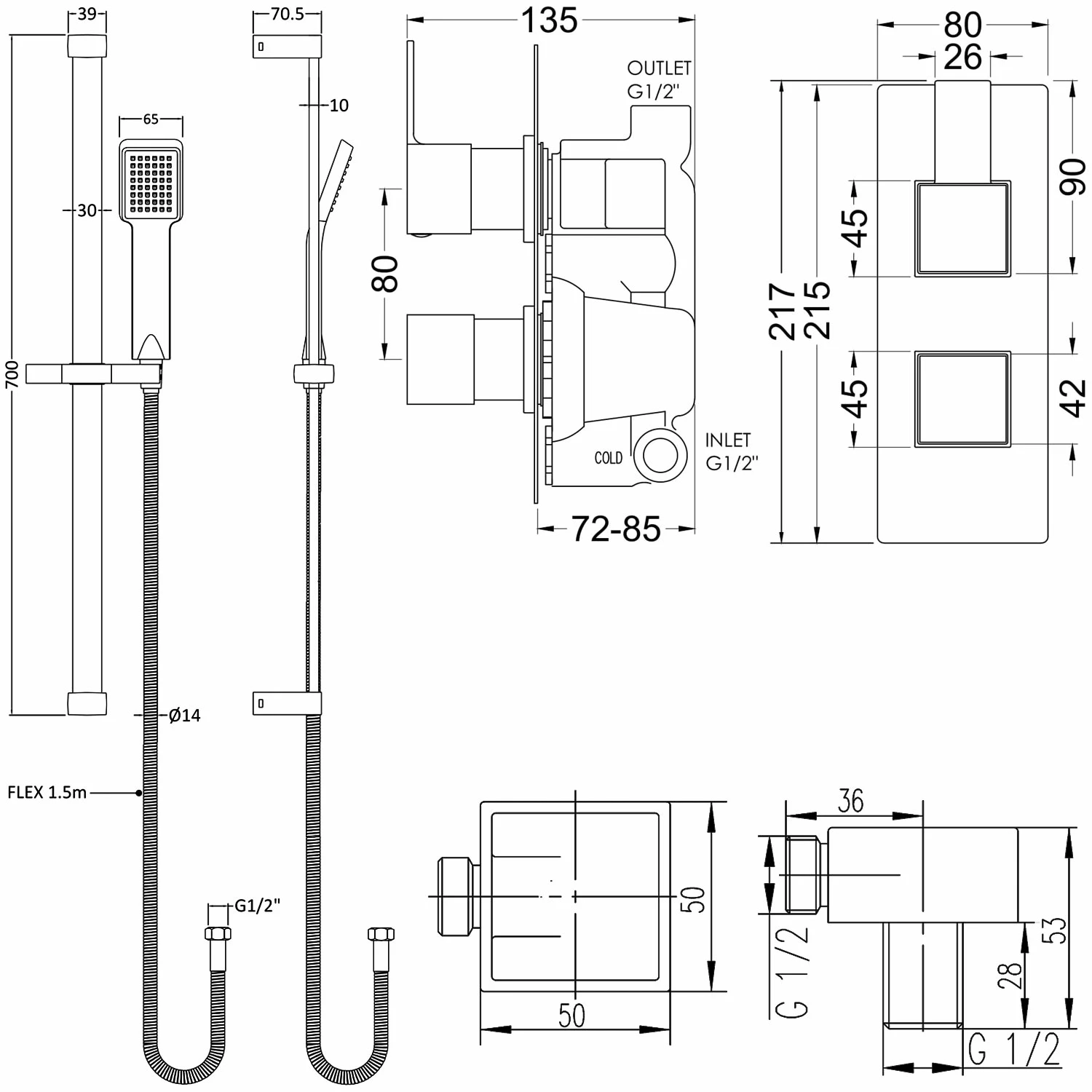 Nuie Sanford Twin Square Thermostatic Concealed Shower Valve With Slider Rail Kit - Chrome 3 Nuie Sanford Twin Square Thermostatic Concealed Shower Valve With Slider Rail Kit - Chrome