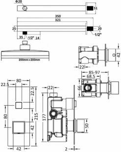 Nuie Square Thermostatic Concealed Push Button Shower Valve With Fixed Head And Arm - Chrome