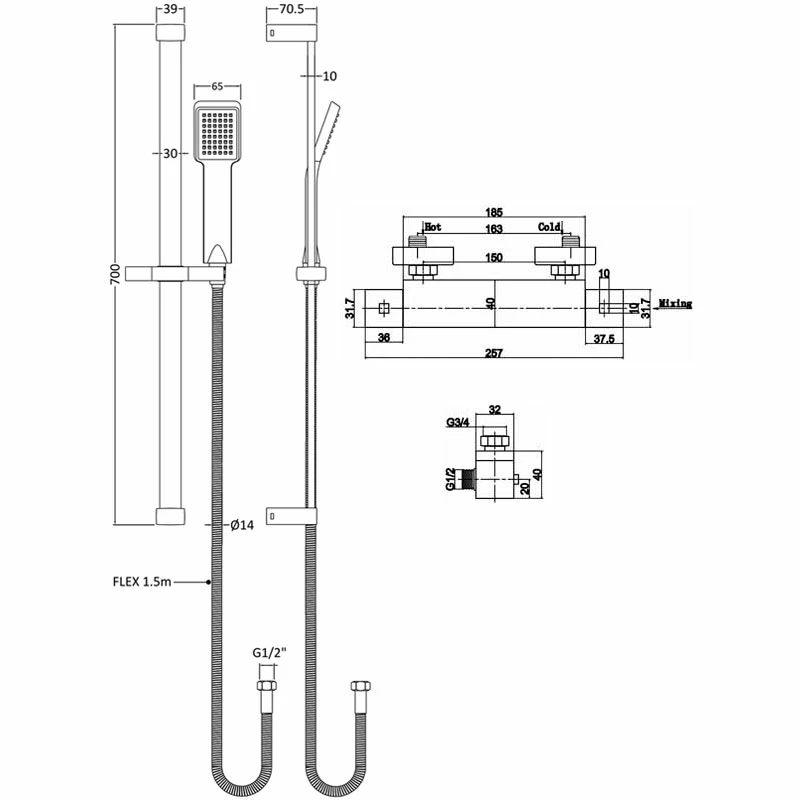Nuie Square Thermostatic Bar Shower Valve With Slider Rail Kit - Chrome 3 Nuie Square Thermostatic Bar Shower Valve With Slider Rail Kit - Chrome
