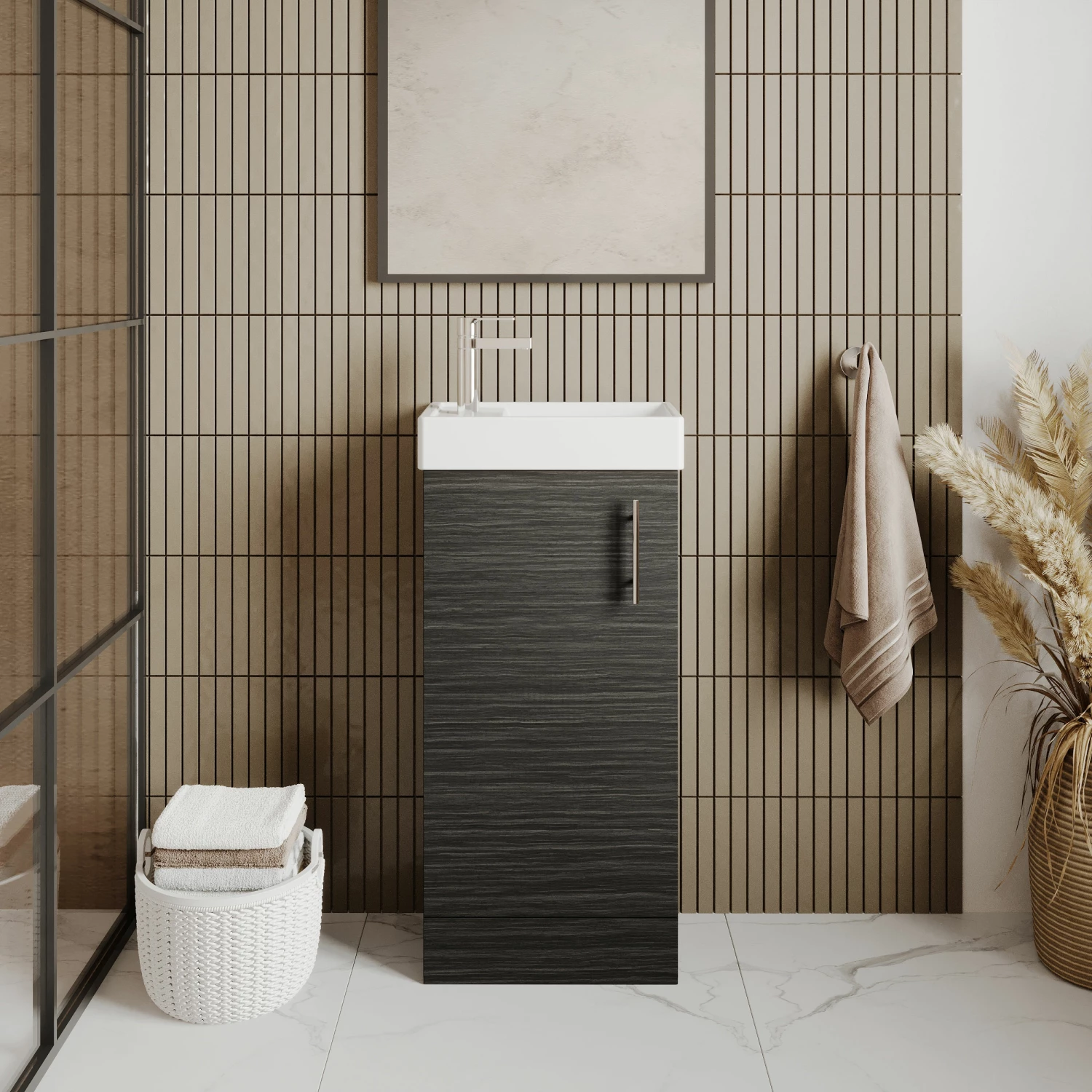 Nuie Vault Floor Standing 1-Door Vanity Unit With Basin 400mm Wide - Charcoal Black Woodgrain 5 Nuie Vault Floor Standing 1-Door Vanity Unit With Basin 400mm Wide - Charcoal Black Woodgrain - Image 3