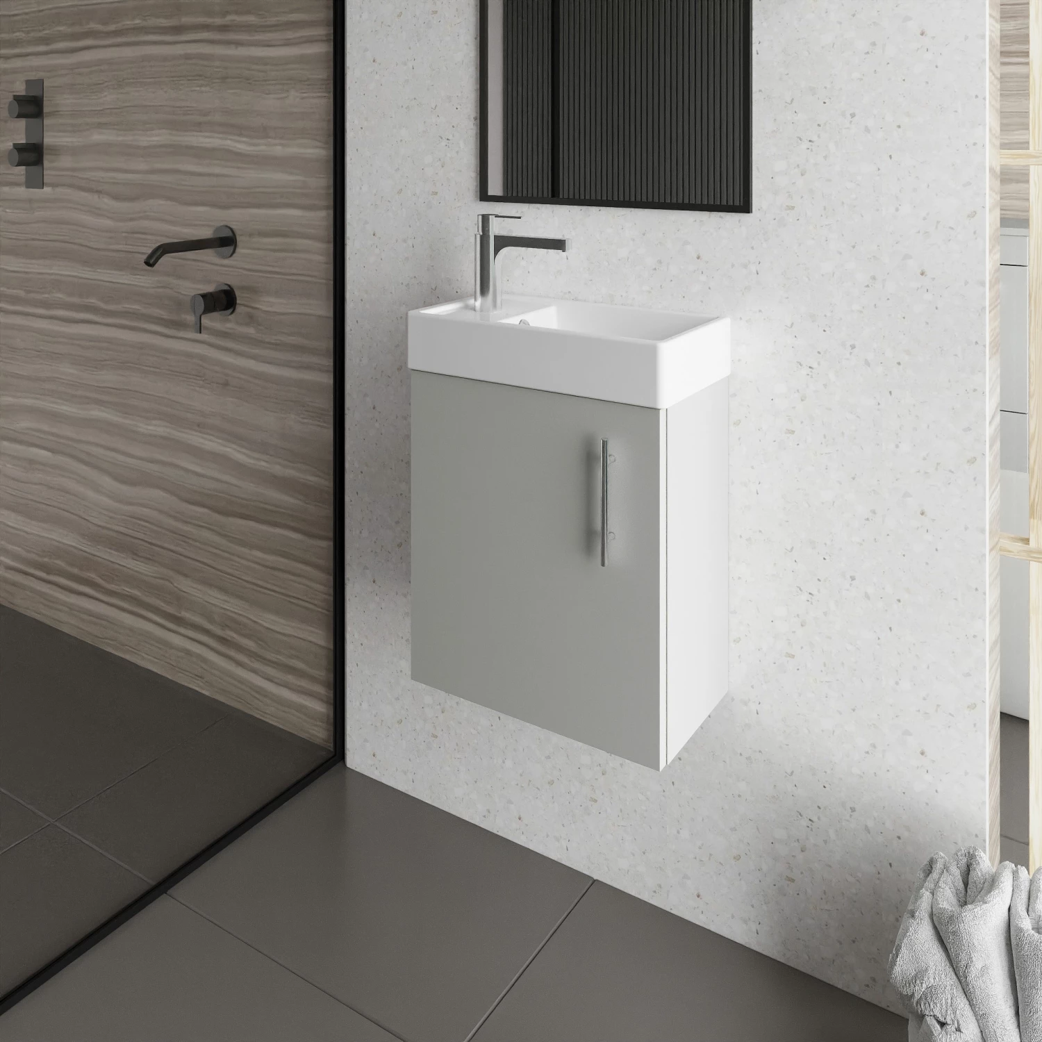 Nuie Vault Wall Hung 1-Door Vanity Unit With Basin 400mm Wide - Gloss Grey Mist 5 Nuie Vault Wall Hung 1-Door Vanity Unit With Basin 400mm Wide - Gloss Grey Mist - Image 3