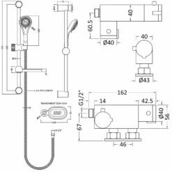 Nuie Vertical Thermostatic Bar Shower Valve With Classic Multi Function Slider Rail Kit - Chrome