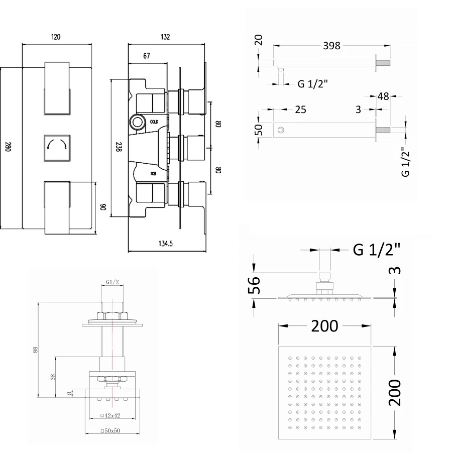Nuie Vibe Concealed Thermostatic Triple Shower Valve With Fixed Shower Head And Body Jet - Chrome 4 Nuie Vibe Concealed Thermostatic Triple Shower Valve With Fixed Shower Head And Body Jet - Chrome - Image 2