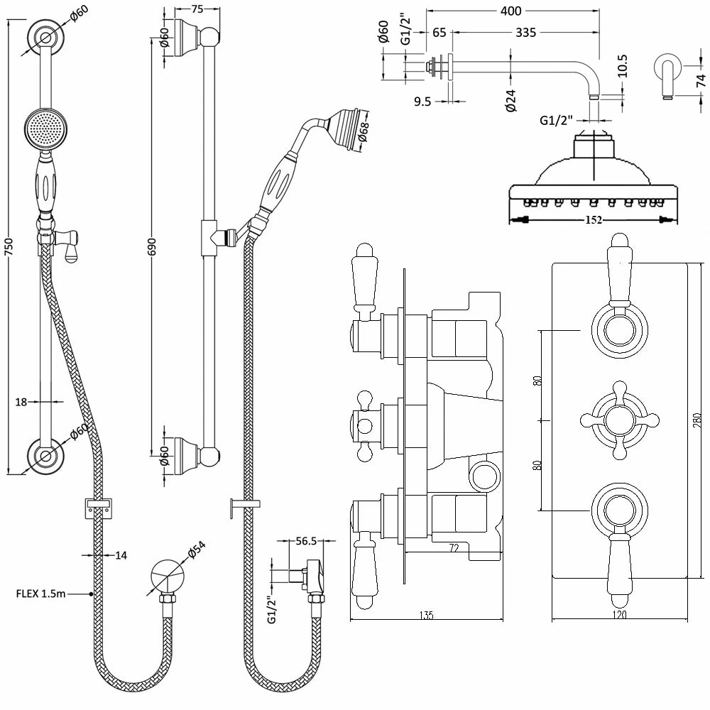 Nuie Victorian Square Triple Thermostatic Concealed Complete Mixer Shower - Chrome 4 Nuie Victorian Square Triple Thermostatic Concealed Complete Mixer Shower - Chrome - Image 2