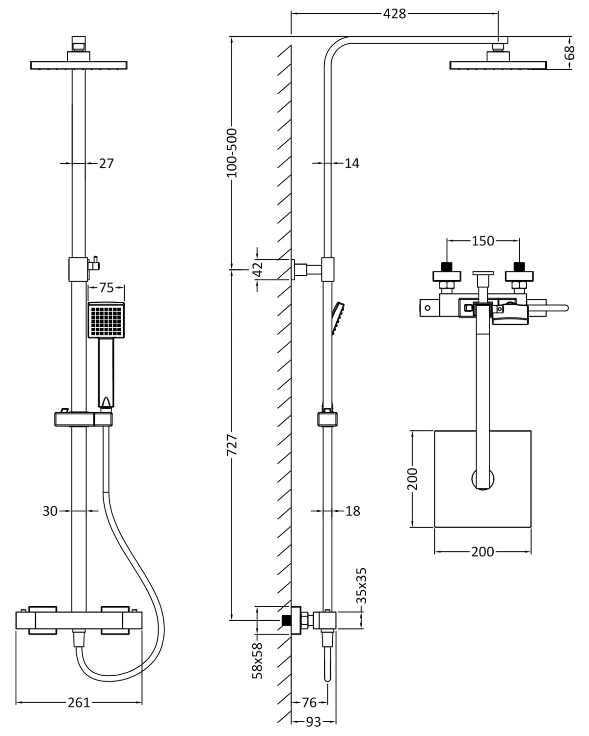 Nuie Windon Square Thermostatic Bar Mixer Shower With Shower Kit And Fixed Head - Brushed Gun Metal 3 Nuie Windon Square Thermostatic Bar Mixer Shower With Shower Kit And Fixed Head - Brushed Gun Metal