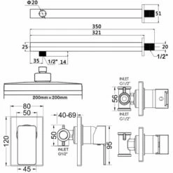 Nuie Windon Square Manual Concealed Shower Valve With Fixed Head And Arm - Chrome