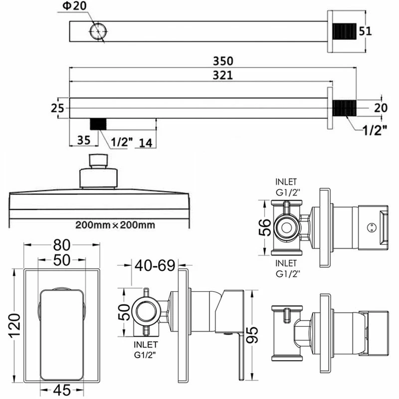 Nuie Windon Square Manual Concealed Shower Valve With Fixed Head And Arm - Chrome 3 Nuie Windon Square Manual Concealed Shower Valve With Fixed Head And Arm - Chrome