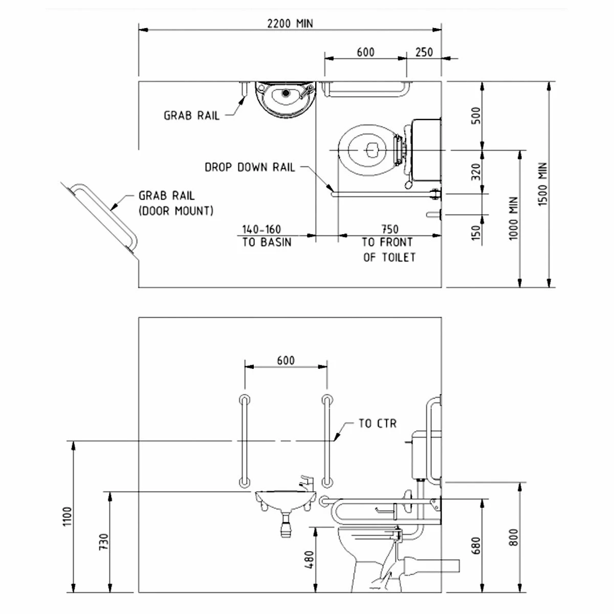 Nymas NymaPRO Low Level Doc M Toilet Pack With Steel Grab Rails And TMV3 Valve - Grey 3 Nymas NymaPRO Low Level Doc M Toilet Pack With Steel Grab Rails And TMV3 Valve - Grey