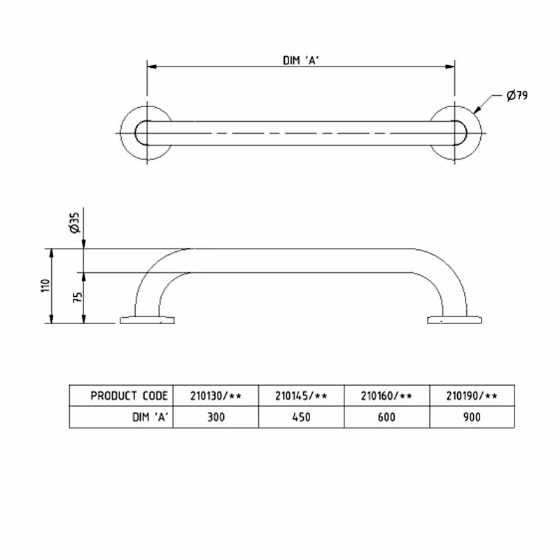 Nymas NymaPRO Stainless Steel Grab Rail 35mm Diameter 900mm Length - Dark Blue 3 Nymas NymaPRO Stainless Steel Grab Rail 35mm Diameter 900mm Length - Dark Blue