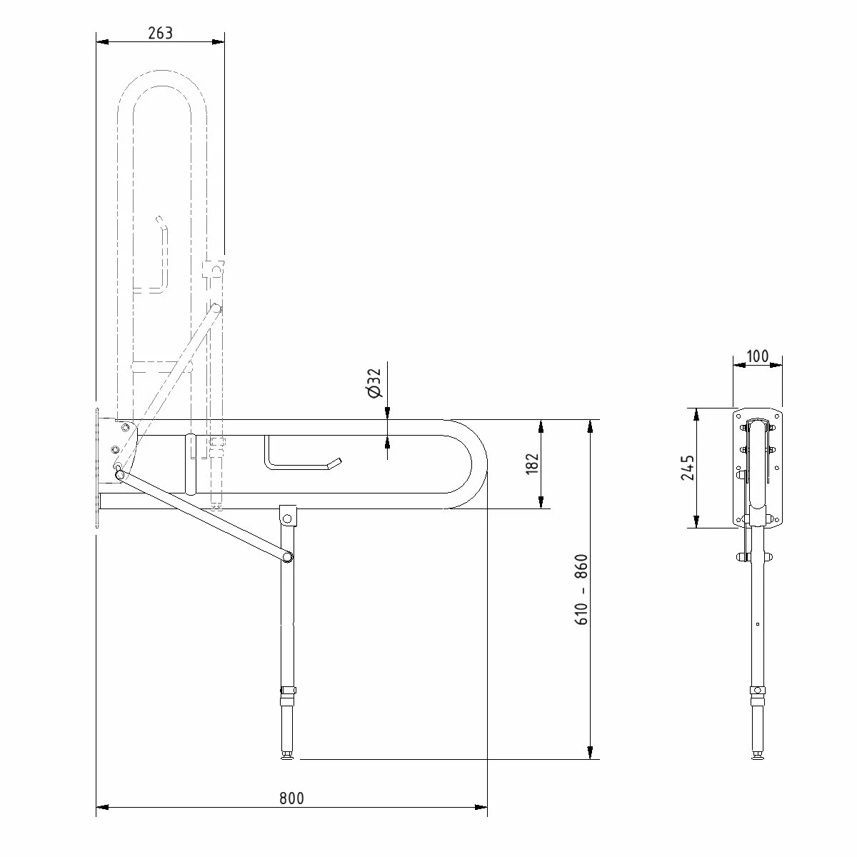 Nymas NymaPRO Lift And Lock Hinged Grab Rail With Toilet Roll Holder And Leg 800mm Length - Grey 3 Nymas NymaPRO Lift And Lock Hinged Grab Rail With Toilet Roll Holder And Leg 800mm Length - Grey