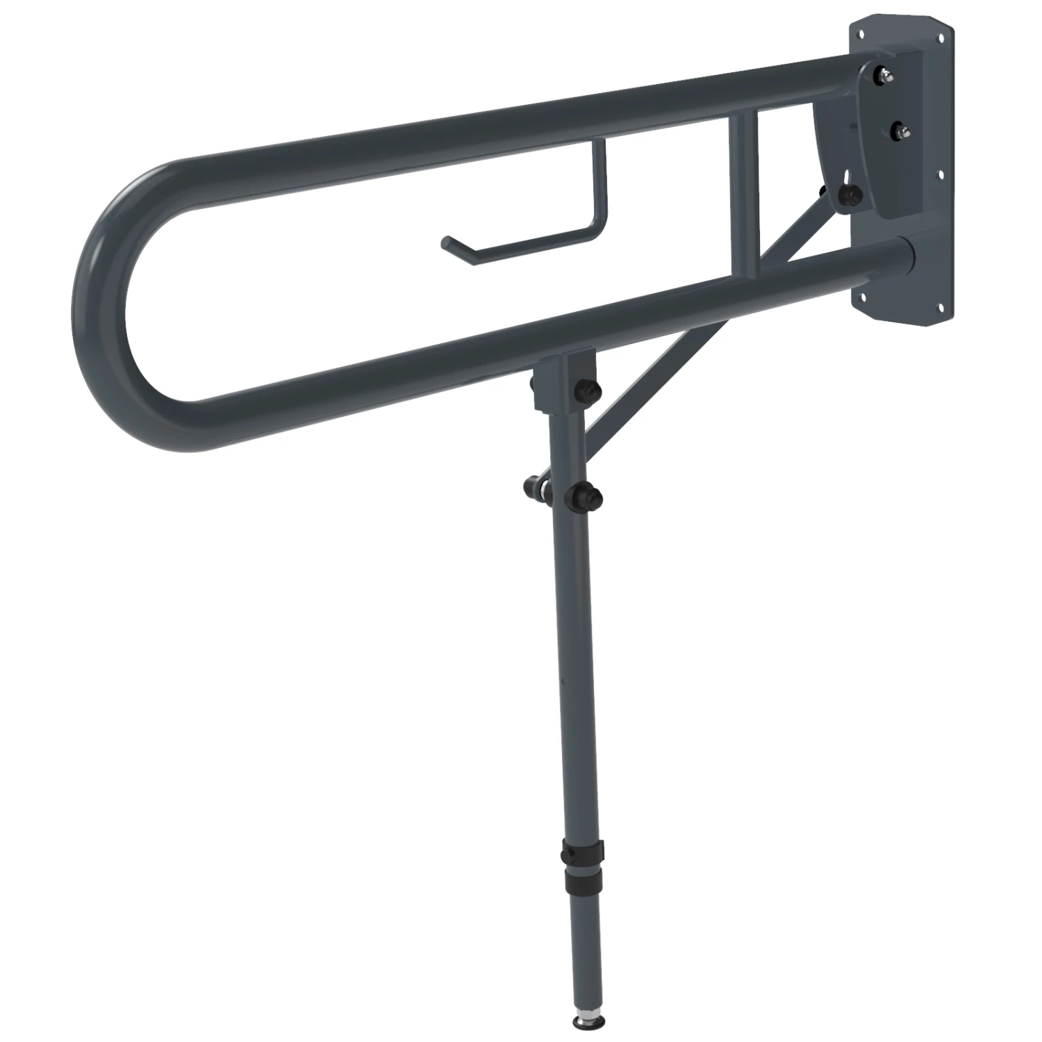 Nymas NymaPRO Lift And Lock Hinged Grab Rail With Toilet Roll Holder And Leg 800mm Length - Dark Grey 4 Nymas NymaPRO Lift And Lock Hinged Grab Rail With Toilet Roll Holder And Leg 800mm Length - Dark Grey - Image 2