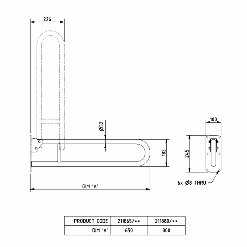 Nymas NymaPRO Stainless Steel Lift And Lock Hinged Grab Rail 800mm Length - White 3 Nymas NymaPRO Stainless Steel Lift And Lock Hinged Grab Rail 800mm Length - White