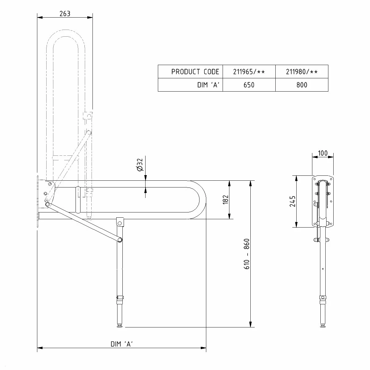 Nymas NymaPRO Lift And Lock Hinged Grab Rail With Leg 800mm Length - Dark Blue 3 Nymas NymaPRO Lift And Lock Hinged Grab Rail With Leg 800mm Length - Dark Blue