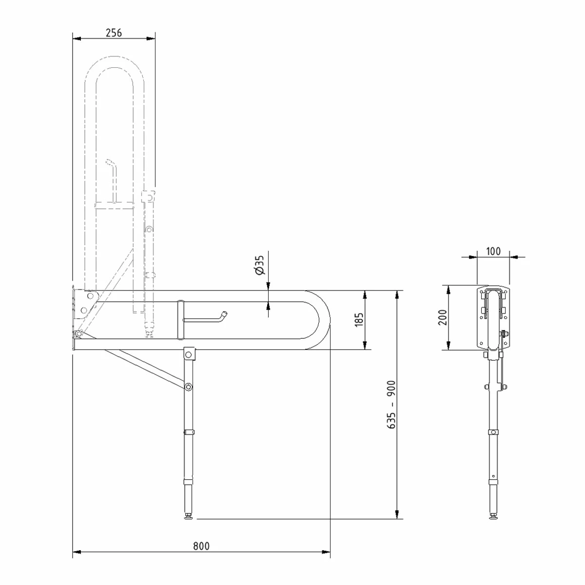 Nymas NymaPRO Trombone Hinged Support Steel Grab Rail With Leg 800mm Length - White 3 Nymas NymaPRO Trombone Hinged Support Steel Grab Rail With Leg 800mm Length - White