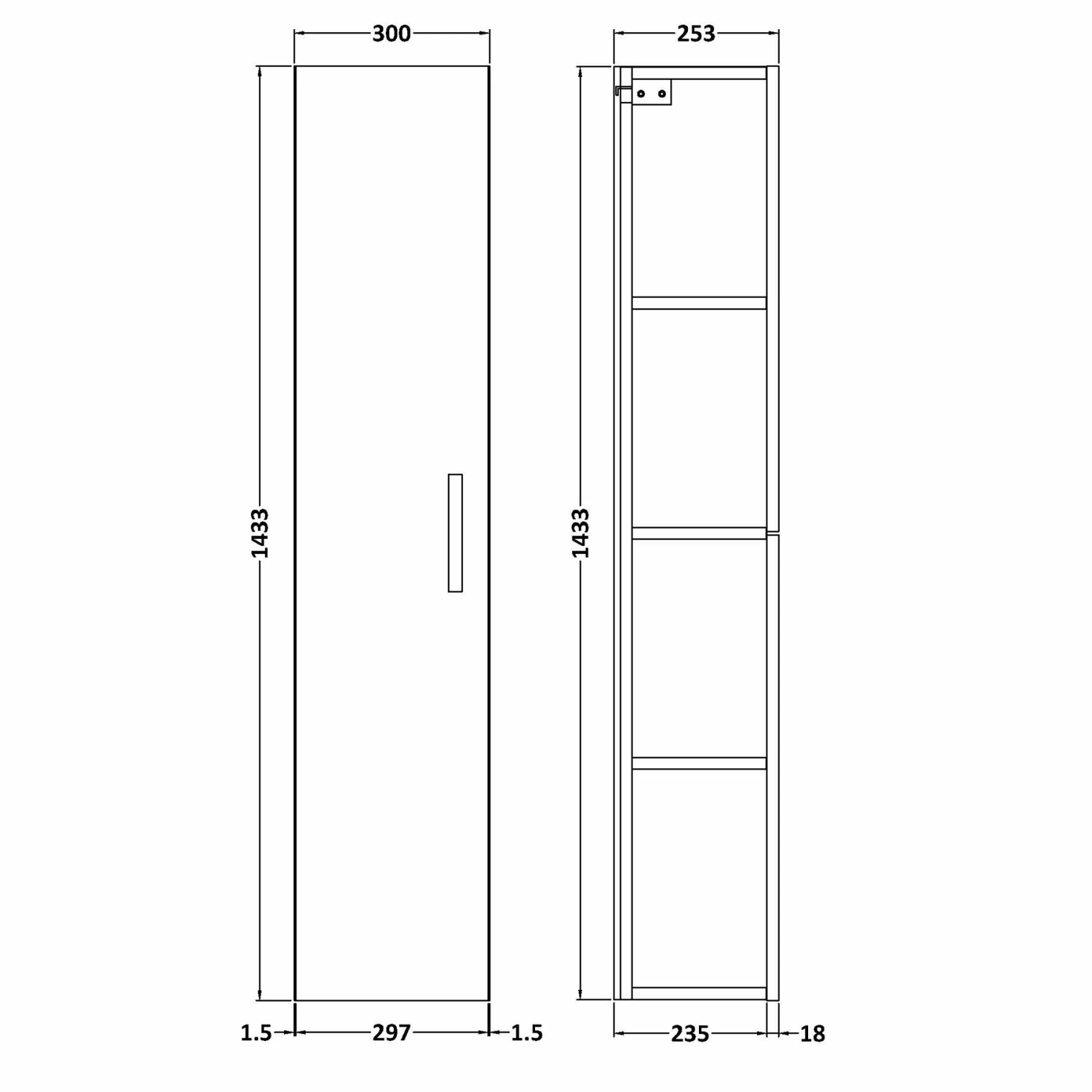 Nuie Athena Wall Hung 1-Door Tall Unit 300mm Wide - Charcoal Black 3 Nuie Athena Wall Hung 1-Door Tall Unit 300mm Wide - Charcoal Black