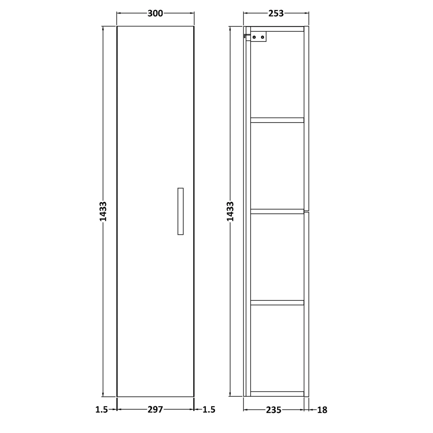 Nuie Athena Wall Hung 1-Door Tall Unit 300mm Wide - Gloss White 3 Nuie Athena Wall Hung 1-Door Tall Unit 300mm Wide - Gloss White