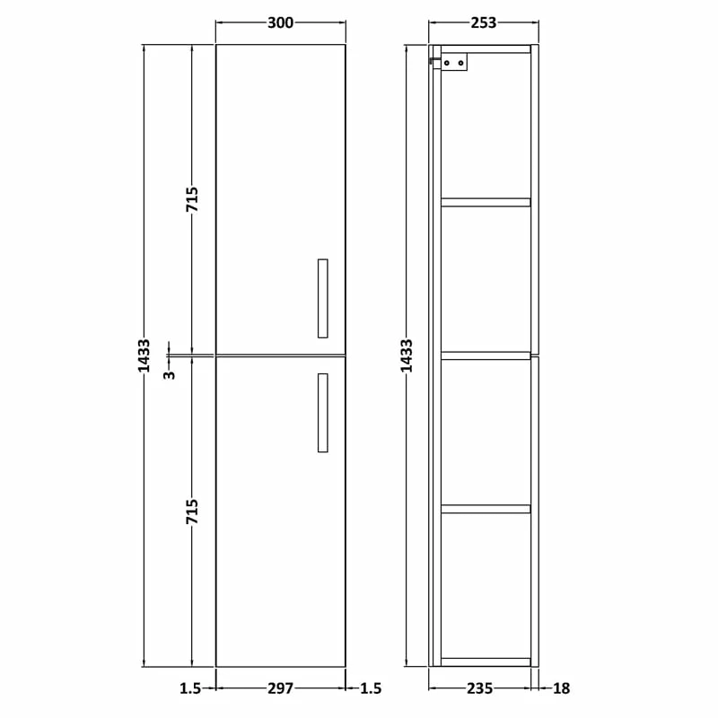 Nuie Athena Wall Hung 2-Door Tall Unit 300mm Wide - Stone Grey 5 Nuie Athena Wall Hung 2-Door Tall Unit 300mm Wide - Stone Grey - Image 3