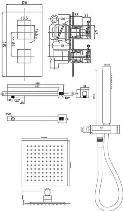 Nuie Rectangular Twin Valve Concealed Mixer Shower With Square Fixed Head And Handset