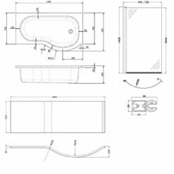Nuie P-Shaped Shower Bath With Front Panel And Screen 1500mm X 700mm/850mm - Right Handed