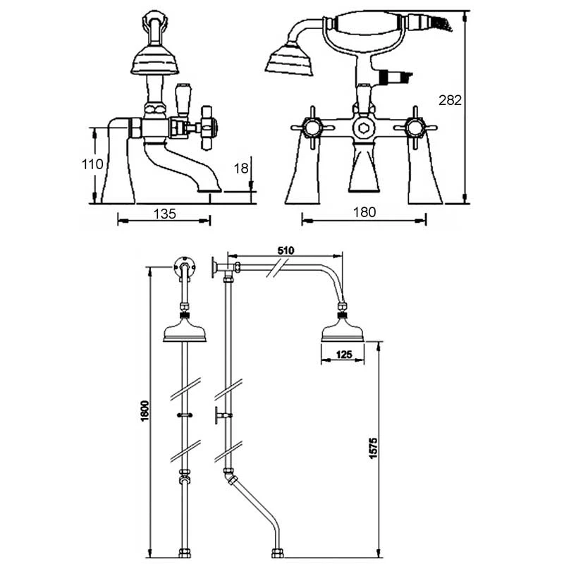 Nuie Traditional 1/2 Bath Shower Mixer With Fixed Head + Tap Spout 4 Nuie Traditional 1/2 Bath Shower Mixer With Fixed Head + Tap Spout - Image 2