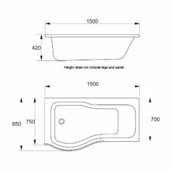 Prestige Oblique P-Shaped Shower Bath 1500mm X 700mm/850mm Left Handed