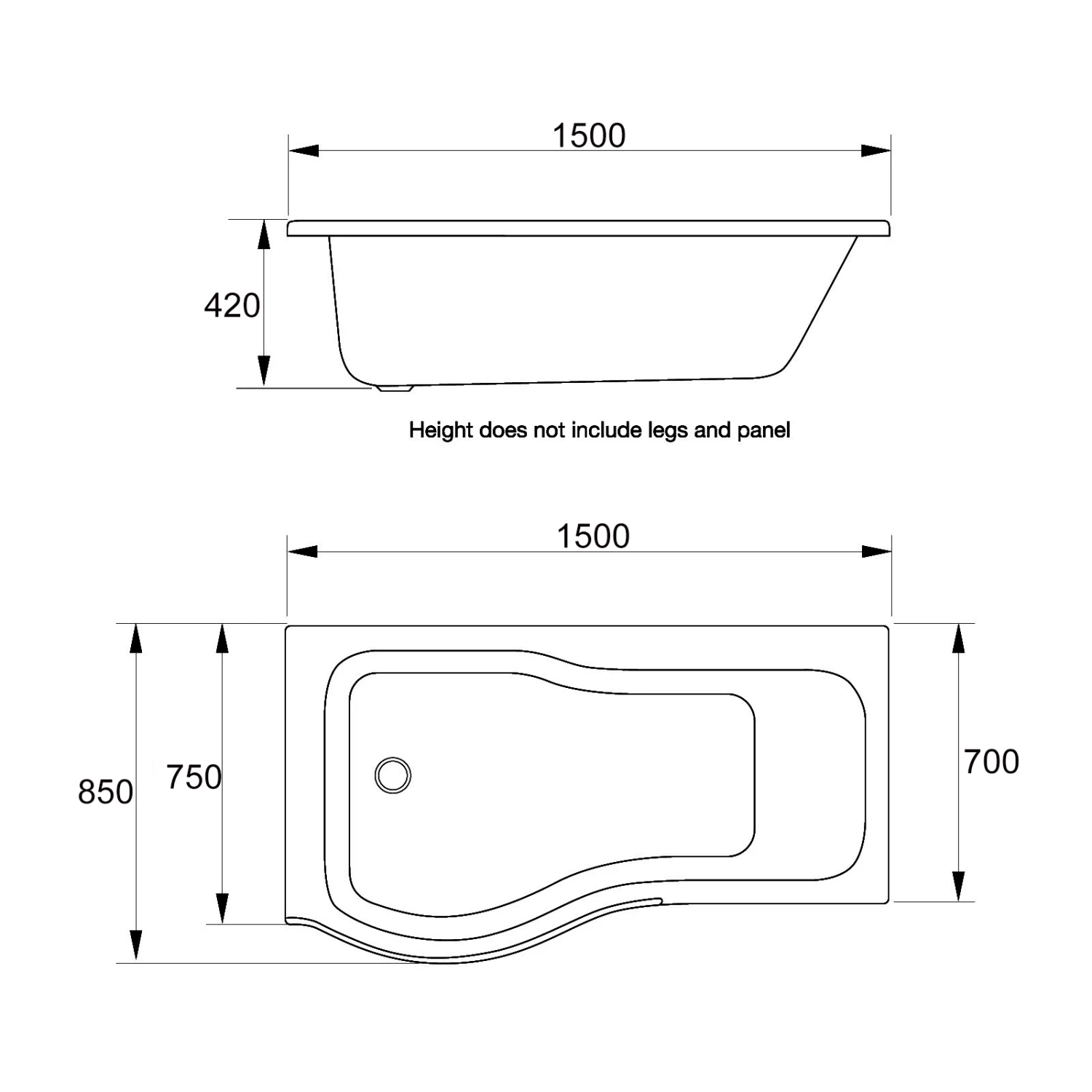 Prestige Oblique P-Shaped Shower Bath 1500mm X 700mm/850mm Left Handed 3 Prestige Oblique P-Shaped Shower Bath 1500mm X 700mm/850mm Left Handed