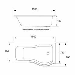 Prestige Oblique P-Shaped Shower Bath 1500mm X 700mm/850mm Right Handed