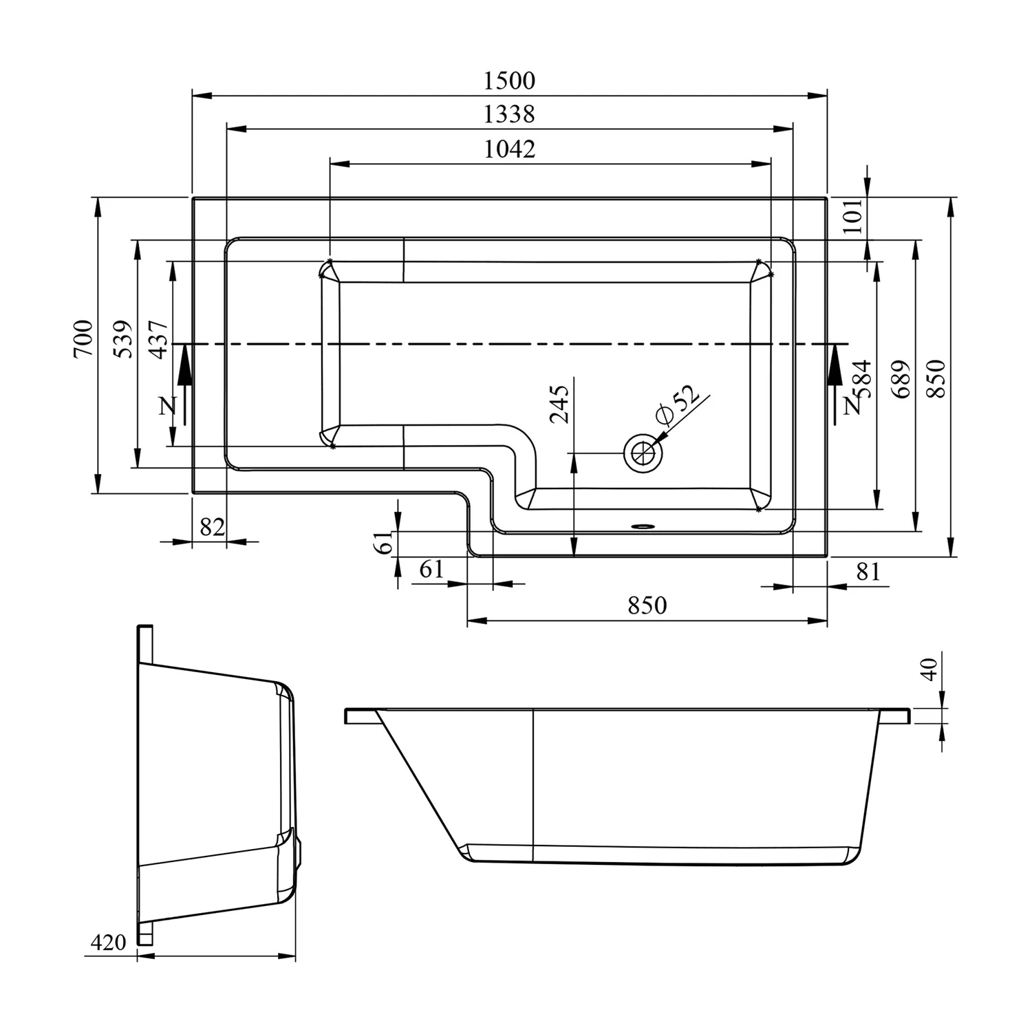 Prestige Tetris L Shaped Shower Bath 1500mm X 700mm/850mm Right Hand 4 Prestige Tetris L Shaped Shower Bath 1500mm X 700mm/850mm Right Hand - Image 2